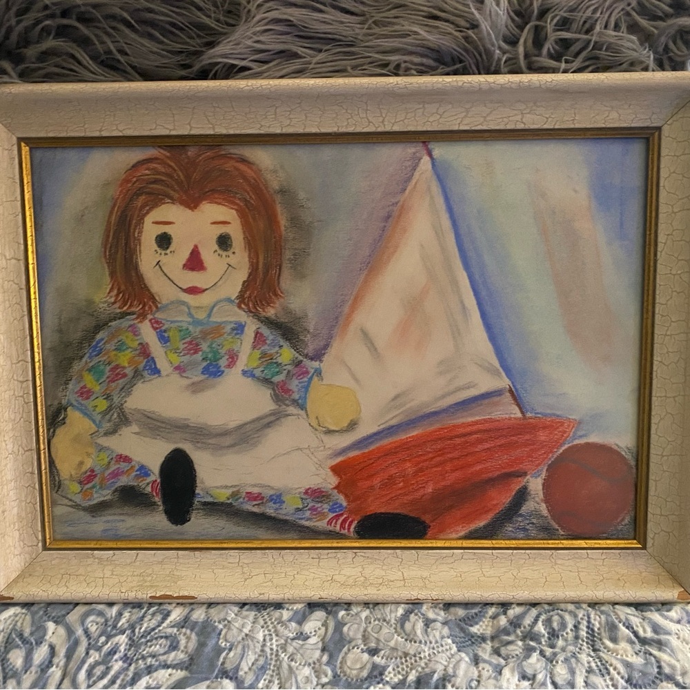 1960’s professionally framed, Raggedy Ann with sailboat, print/art.